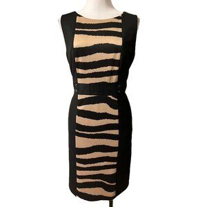Tahari Dress 10 Black Brown Panel Career Church Stretch Sheath Sleeveless